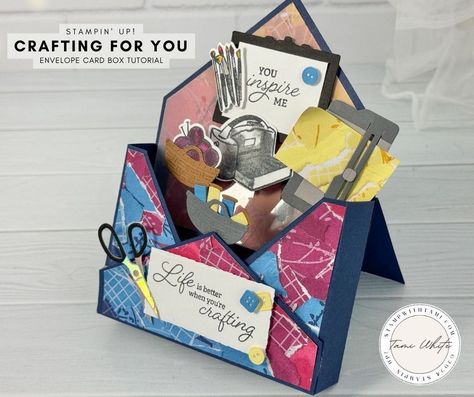 I just released a brand new tutorial on how to create a stunning   handmade 3D Envelope Card Box that's perfect for the crafters in your   life! 💌✂ This special project uses the "Crafting for You" stamps and   dies to bring miniature crafting tools to life right inside your card.   Wh  📌 Check out the complete guide and free PDF    #HandmadeCards #3DCards #CraftTutorial #StampinUp #DIYCrafts #Papercrafting Envelope Box Card Tutorial, Envelope Cards Tutorial, Stampin Up 3d Projects Gift Ideas, Envelope Box Card, 3d Envelope, Box Cards Tutorial, Business Envelopes, Friend Crafts, Envelope Box