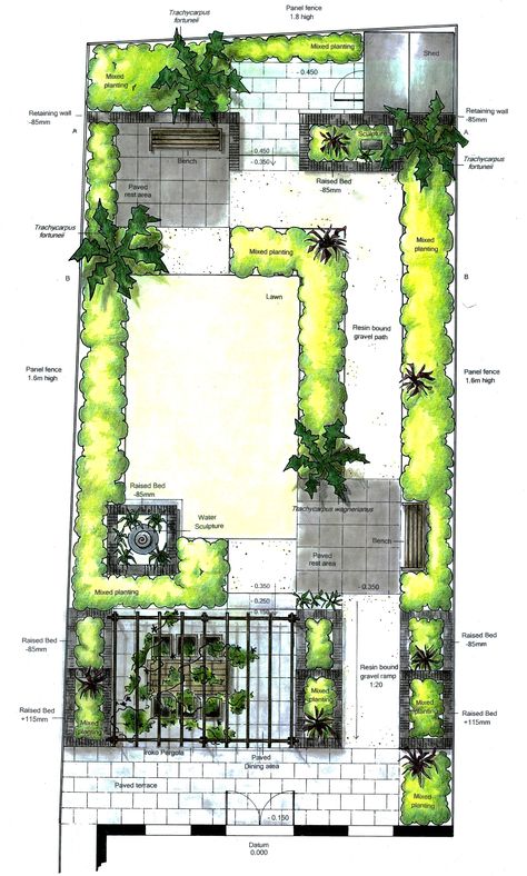 Final drawing for a Town Garden Roof Garden Plan, Rectangle Garden Design, Art Creative Ideas, Town Garden, Gardening Design Diy, Garden Planning Layout, Terraced Landscaping, Landscape Architecture Plan, Flower Garden Plans