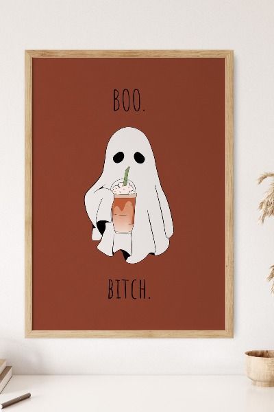 boo bitch. That's all! This ghost is sipping on a chilly pumpkin spice frappuccino to kick of the spooky season. Check out the whole fall collection on Etsy. <3 BOO Themed Gallery Wall, Ghost With Coffee, Pumpkin Spice Frappuccino, Ghost With Pumpkin, Modern Fall Decor, Scary Drawings, Boho Halloween, Adornos Halloween, Funny Ghost