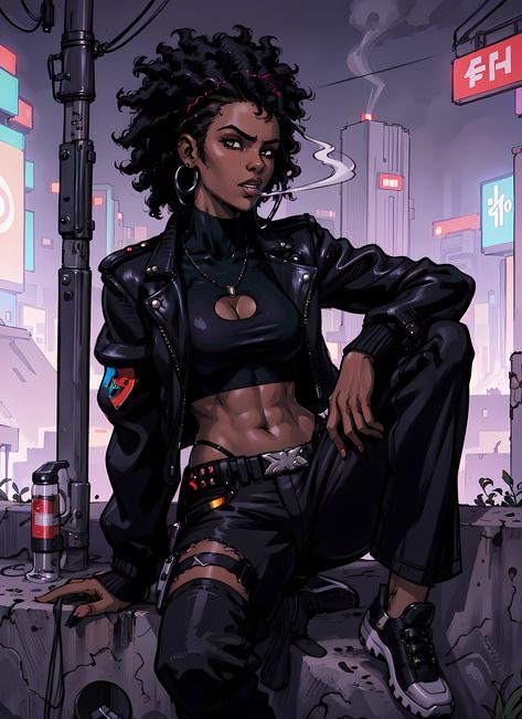 Black Cyberpunk Character Art, Cyberpunk Woman Art, Black Anime Art, Black Anime Oc, Black Cyberpunk, Black Comics, Black Cartoon Characters, Black Art Painting, Comic Book Style