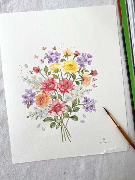 "Colourful flowers and roses, butterflies. Original hand painted from Bluebellarts, Watercolor painting on 300gsm cold pressed watercolor paper with professional watercolor paint. size of painting: 8\" x 10\" inches  Unframed" Watercolor Flower Bouquet Simple, Beautiful Wednesday, Painted Wall Decor, Easy To Paint, Travel Art Journal, Hello November, Art Colourful, Flower Art Drawing, Colourful Art