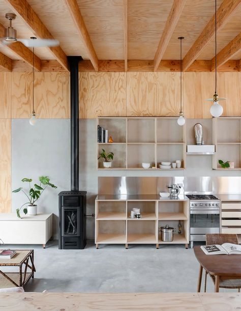 This Japanese-Inspired Beach Shack Feels Like A Grown-Up Cubbyhouse! Indoor Courtyard, Dark Wood Table, Timber Beams, Utility Sink, Beach Shack, Hus Inspiration, Minimalist Architecture, Indoor Outdoor Living, The Design Files