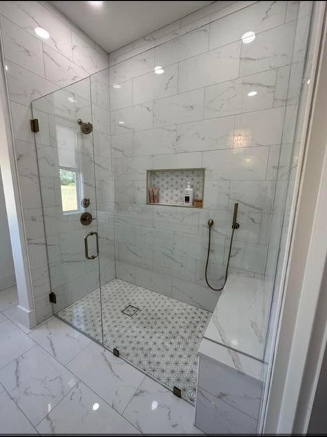 Master Shower Ideas Walk In Two Shower Heads, Shower With Same Floor And Wall Tile, Walk In Showers For Master Bathrooms, Small Bathroom Walk In Shower Remodel, Bathroom Tile Ideas Shower Walk In, Walk In Shower With Half Wall, Large Tile Bathroom, Bathroom Lighting Ideas, Restroom Remodel