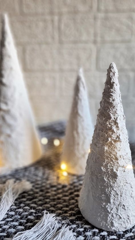 Paper mache textured Christmas cone trees Paper Mache Trees Christmas, Papier Mache Christmas Tree, Paper Mache Christmas Tree Diy, Paper Mache Christmas Decorations, Paper Mache Christmas Tree, Paper Mache Christmas Ornaments, Christmas Cone Trees, Hygge Crafts, Paper Mache Tree