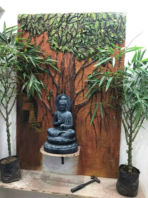 Buddha Statue In Garden, Zen Entryway Ideas, Outdoor Wall Feature, Entrance Area Ideas, Balcony Vertical Garden, Statue In Garden, House Entrance Design, House Aquarium, Entrance Ideas Entryway