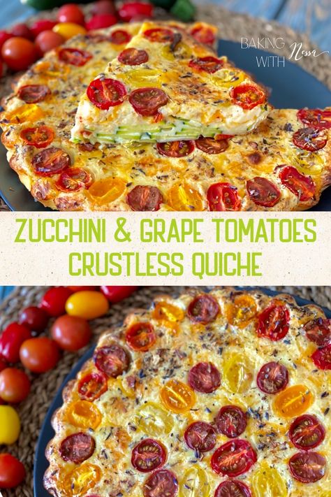 Zucchini and Grape Tomatoes Crustless Quiche Easy Summer Dinner, Zucchini Quiche, Easy Summer Dinners, Crustless Quiche, Summer Cookouts, Herbs De Provence, 2000 Calorie Diet, Sliced Tomato, Quiche Recipes