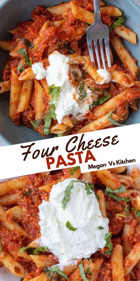 This is an easy 35-minute Cheesecake Factory Copycat. Four Cheese Pasta has a thick homemade marinara sauce, four kinds of cheese, and my favorite part, a little ball of ricotta on top to dip your pasta in. Pasta Cheesecake Factory, Cheesecake Factory Pasta, Panera Autumn Squash Soup, Four Cheese Pasta, Cheesecake Factory Copycat, Pasta Marinara, Homemade Marinara Sauce, Marinara Recipe, Recipes Italian