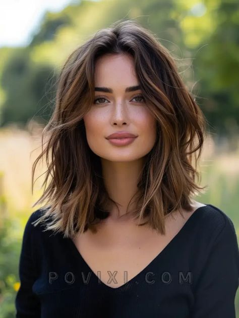 Medium Short Brunette Haircut, Brunette Hair Short Layers, Straight Haircut Ideas Medium, Long Bob For Long Face, Long Bob Haircuts For Women Fine Hair, Lob Haircut Oval Face, Above Shoulder Haircut With Bangs, Lob Hair Cuts For Women, Winter Lob Hair