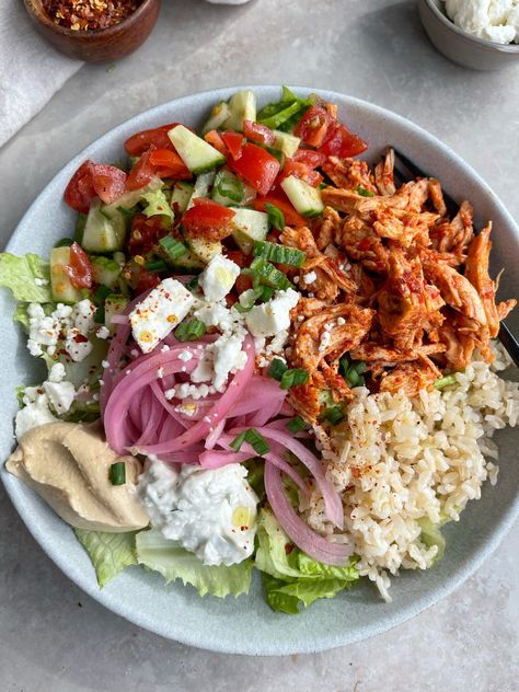 Shredded Harissa Chicken Bowl Harissa Chicken Bowl, Harissa Chicken, Healthy Bowls, Chicken Bowl, Lost 50 Pounds, Carb Meals, When You Sleep, Teriyaki Chicken, Shredded Chicken