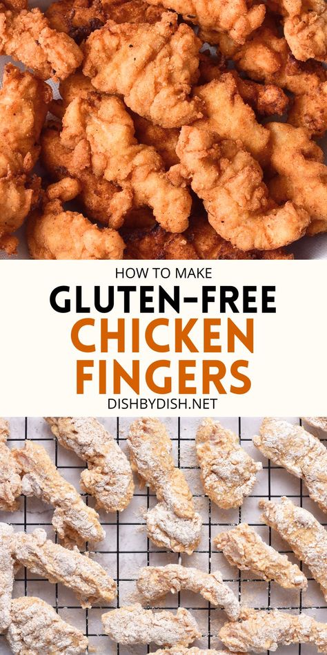 Crispy and flavorful, these gluten-free chicken fingers make a delicious appetizer or snack! Serve with your favorite dipping sauce. Totally dairy-free too. Gluten Free Chicken Strips, Gluten Free Chicken Fingers, Chicken Finger, Chicken Finger Recipes, Chicken Chunks, Oven Fried Chicken, Chicken Fingers, Fries In The Oven, Gluten Free Chicken