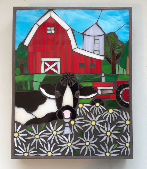 Mosaic Farm Scenes, Jubilee Art, Mosaic Dogs, Cow In A Field, Glass Chicken, Field Of Daisies, Life Drawings, Beginner Quilt, Summer Camp Crafts