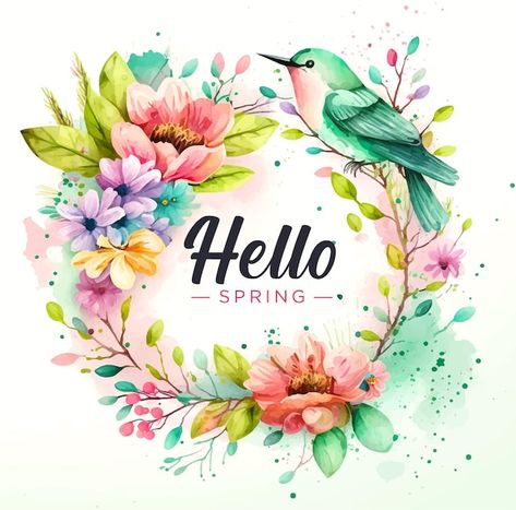 Vector hello spring watercolor paint ilu... | Premium Vector #Freepik #vector Ring Quilt, Daily Greetings, Spring Watercolor, Spring Images, Watercolor Journal, Cherry Earrings, Butterfly Embroidery, Watercolor Paint, Hello Spring