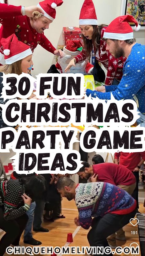 Turn your holiday gathering into an unforgettable celebration with these 30 Insanely Fun Christmas Party Game Ideas! 🎄 From classic favorites to creative new twists, these games are perfect for all ages. Try hilarious options like "Wrap the Mummy" gift wrap races, Christmas trivia challenges, or a "Pin the Nose on Rudolph" spin for kids. Adults will love festive drinking games, a White Elephant gift exchange, or a spirited round of holiday charades Christmas Eve Family Games Party Ideas, Dirty Santa Party Games, Fun Christmas Gift Games For Family, Games To Play During Christmas, Funny Group Christmas Games, Holiday Fun Games For Adults, Christmas Sock Game Ideas, Games Ideas For Christmas Party, Adults Christmas Games