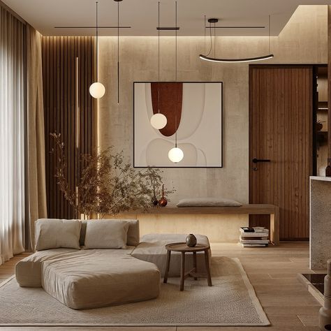 This Japandi style home encapsulates a harmonious blend of contemporary minimalism and natural warmth, embracing the Japandi aesthetic which fuses Scandinavian functionality with Japanese rustic minimalism. The design use a soft, neutral palette of beiges, browns, and grays that evoke a sense of calm and elegance, complemented by the use of natural wood textures that add warmth and depth. Strategic lighting, both natural and via sleek modern fixtures, highlights the clean lines and high-quali... Modern Japanese Apartment Interior, Japandi Style Home, Muji Interior, Japandi Aesthetic, Japan House Design, Rustic Minimalism, Japandi House, Japandi Home Decor, Neutral Interior Design