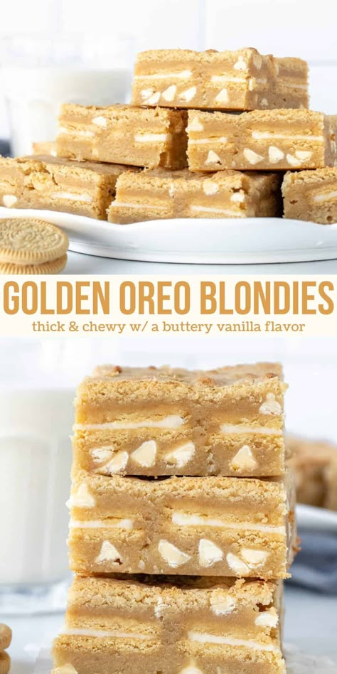 Take your blondies to the next level by stuffing them with Golden Oreos! These easy bars are chewy, soft, extra thick and perfect if you favor vanilla over chocolate. You'll love the butter vanilla flavor, Oreo cookies and white chocolate chips. #goldenoreo #whitechocolatechips #blondies #recipe #oreostuffed #recipe from Just So Tasty Vanilla Oreo Dessert Recipes, Blonde Oreo Dessert, Vanilla Oreo Recipes, Unique Blondie Recipes, Golden Oreo Blondies, Layered Bars Recipe, Recipes With Golden Oreos, Golden Oreo Desserts, Golden Oreo Recipes