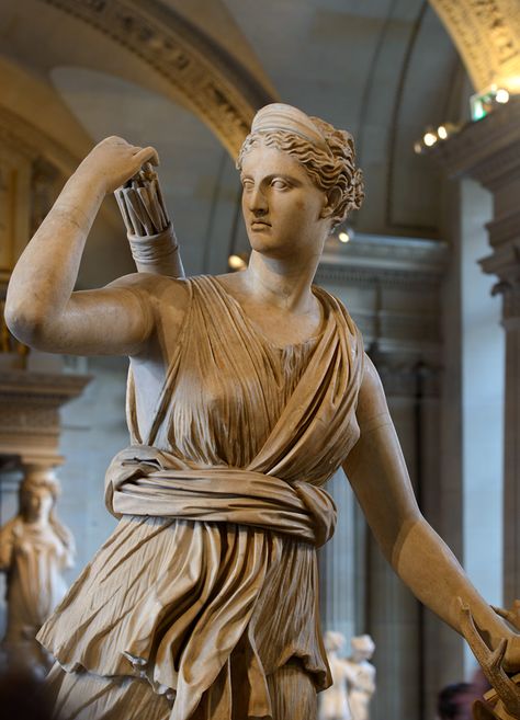 Diana (Artemis) Huntress known as Diana of Versailles. The “Seville-Palatine” type. Marble. Roman copy of the 1st—2nd cent. CE of a lost Greek bronze original attributed to Leochares, ca. 325 BCE. Inv. No. MND 1560 / Ma 3435. Paris, Louvre Museum. Photo by I. Sh. Roman Museum Aesthetic, Louvre Statues, Pretty Statues, Diana Of Versailles, Roman Gods And Goddesses, Aesthetic Statues, Empire Aesthetic, Diana Artemis, Roman Reenactment