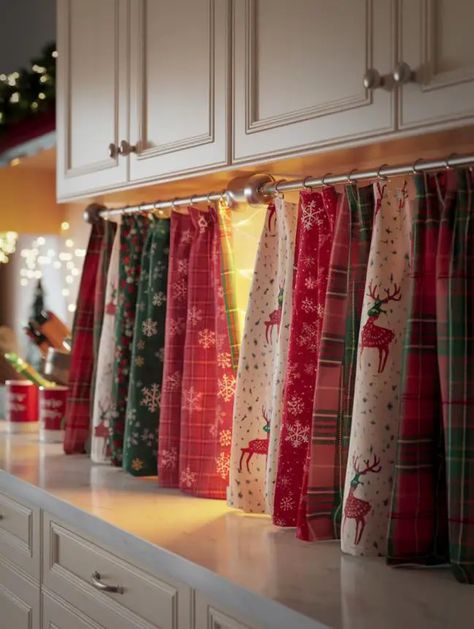 23 DIY Christmas Decor Ideas for Kitchen Cabinets in 2024 Christmas Curtains Kitchen, Christmas Valance Ideas, Diy Christmas Curtains, Cabinet Curtains Diy, Christmas Decor Ideas For Kitchen, Christmas Kitchen Curtains, Ideas For Kitchen Cabinets, Country Kitchen Curtains, Vintage Kitchen Curtains