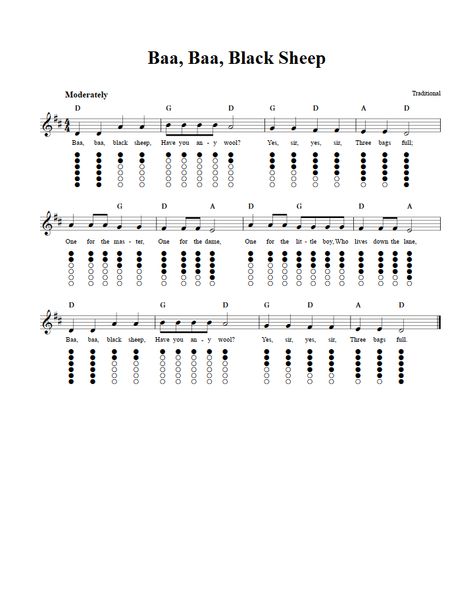 Baa, Baa, Black Sheep - Tin Whistle Sheet Music and Tab with Chords and Lyrics Tin Whistle Songs, Tin Whistle Tabs Songs, Tin Whistle Sheet Music, Recorder Notes, Penny Whistle, Native American Flute Music, Irish Flute, Recorder Sheet Music, Song Notes