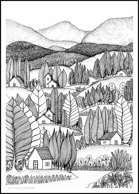 Doodle Landscape Drawings, A3 Size Drawings, Black Pen Drawing Artworks, Doodle Art Nature, Landscape Doodles, Doodle Landscape, Zentangle Landscape, Zantangle Art, Town Drawing