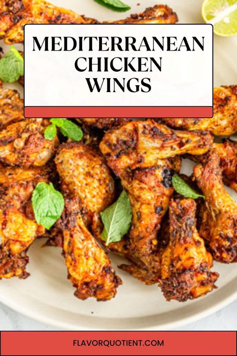 These Mediterranean chicken wings are a winner! A very quick and easy recipe of baked chicken wings with very flavorful Mediterranean spices will win you over thanks to its ease of making and mind-blowing taste! Greek Chicken Wings Recipe, Mediterranean Chicken Wings, Baked Mediterranean Chicken, Chicken Wing Flavors, Crispy Fried Chicken Wings, Wings Recipes, Indian Chicken Recipes, Grilled Chicken Wings, Quick Bites