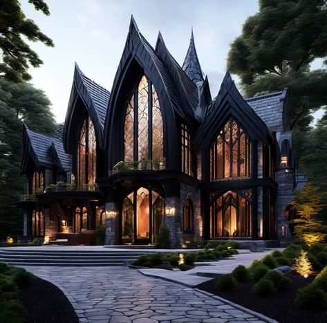 Modern Gothic Mansion, Black Gothic House, Modern Gothic House, Gothic House Plans, Gothic House Exterior, Gothic Victorian Homes, Contemporary Gothic, Castle House Design, Modern Castle