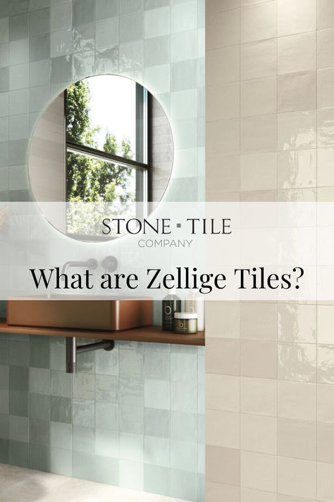 Bathroom using a Sage Green Morrocan Styled Tile and an Ivory colour- in a square shaped in a vertical brick stack with our title of the blog Splashback Bathroom, Zellige Tiles, Bathroom Walls, Zellige Tile, Kitchen Splashback, Tile Companies, Stone Tile, The Stone, Stone Tiles