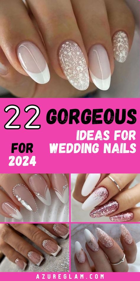 Delve into "Wedding Nails 2024", where contemporary style meets bridal sophistication. Our collection spans a diverse range of designs, from the understated chic of short wedding nails to the bold statement of nail art embellished nail extensions. Ideal for brides and bridesmaids, these designs include delicate pearl accents for a spring wedding and vibrant rhinestone decorations for a fall celebration. Elegant Bridesmaid Nails, Almond Shape Wedding Nails For Bride, Bride Nails Almond Shape, Short Wedding Nail Designs, Short Square Wedding Nails, Bride Nails Designs, Wedding Ombre Nails For Bride, Wedding Nails For Bride Bridal Sparkle, Blue And White Wedding Nails