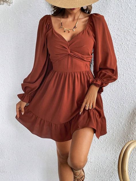 Red Bridesmaid Dresses, Coachella Outfit, Shein Dress, Ruffle Sleeve Dress, Ruffle Hem Dress, Mini Dress Casual, Lantern Sleeve, Hem Dress, Lantern Sleeves