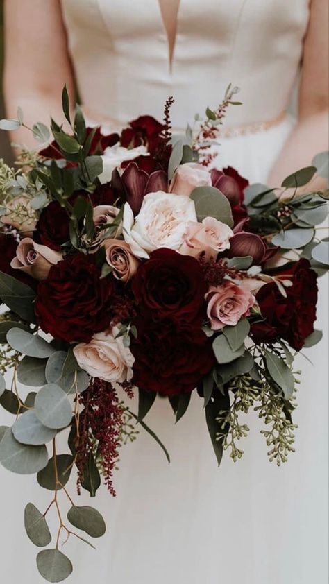 Rosewood Bridal Bouquet, Wine And White Wedding Bouquet, Bridesmaid Flower Bouquets Burgundy, Maroon Flowers Wedding, Cabernet Wedding Colors Flowers, Pink And Burgundy Flowers, Cabernet Wedding Flowers, Fall Flower Bouquets Wedding, Dark Red Wedding Flowers