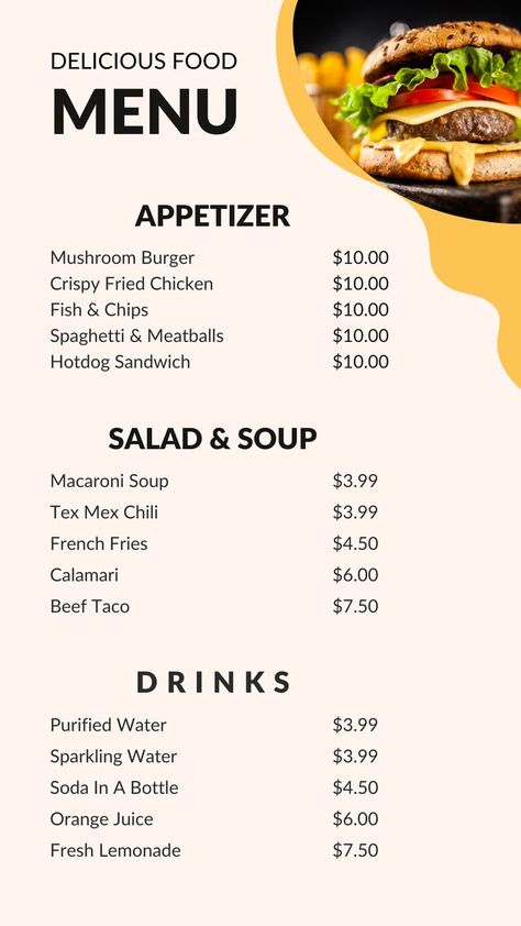 Food Menu Price List Your Story Social media canva template Fish And Chips Menu, Taco Bell Menu, Beige Food, Hotdog Sandwich, Macaroni Soup, Sandwich Menu, Menu Pdf, Chicken Menu, Mushroom Burger