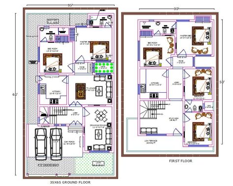 The Best design for 35x65 feet house plot ground floor and first floor plan with interior furniture layout plan. the ground floor plan has 2 bedrooms with an attached toilet, modular kitchen, dining cum drawing room, tv lounge, front side lawn,and 21'X19' feet 2 big car parking porch. same as above first floor plan 30X50 feet 4 house plan with all measurement and description detail. download 2 storey architecture house plan drawing DWG file. Furniture Drawing, Building Layout, Modern Small House Design, Building House Plans Designs, Small House Plan, Traditional House Plan, Cad Blocks, House Map, Contemporary House Plans