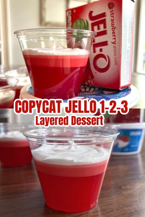 Two photo collage of Copycat Jello. Top photo is the Jello dessert in a clear cup on top of a tub of Cool Whip next to a box of Strawberry Jello. The bottom photo is a photo is the jello dessert finished in a clear plastic cup. Jello And Cool Whip Recipes, Easy Jello Desserts, Jello 123, Jello With Cool Whip, Jello Deserts, Salad Copycat, Sheet Pan Pizza, Jello Dessert, Layered Jello