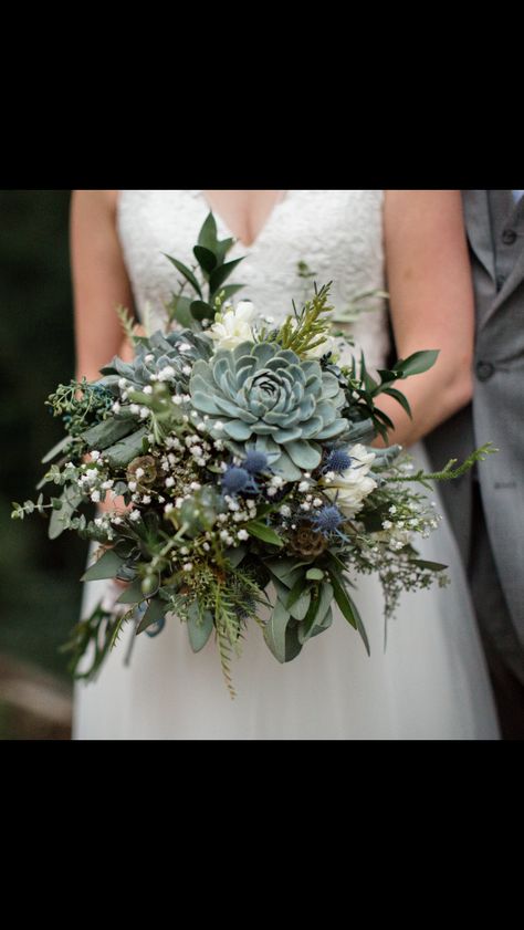 Wedding flowers - succulents, seeded eucalyptus, herbs, etc. Teal Bouquet Wedding, Wedding Bouquets Succulents, Succulent Wedding Bouquet Fall, Succulents Bouquets, Sedum In Bouquet, Dusty Blue Succulent Wedding, Dark Succulent Bouquet, Wedding Boquet Succulents, Succulent Wedding Bouquet Spring