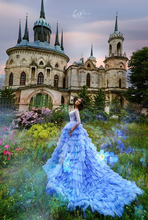 Staircase Photoshoot, Fairytale Photoshoot, Romantic Blue, Ruffled Gown, Gown Blue, Fairy Tale Wedding Dress, Fairytale Photography, Fantasy Dresses, Bridal Portrait