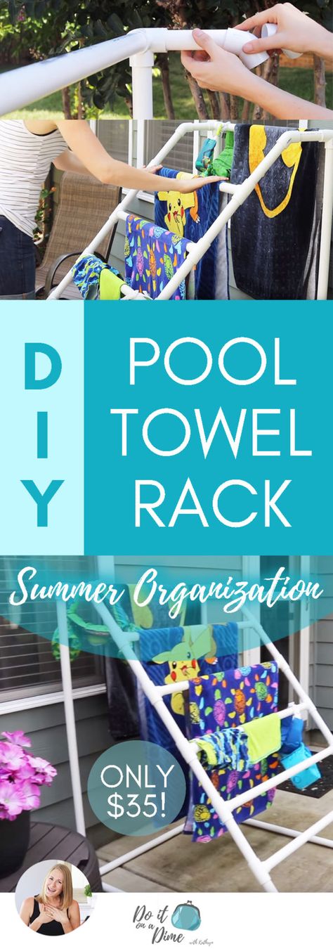 Diy Pvc Drying Rack, Pvc Drying Rack, Pool Drying Rack, Pvc Pool Float Holder, Diy Towel Rack For Pool, Pvc Pool Towel Rack Diy, Fun Backyards, Garden Pool Ideas, Pool Towel Rack Diy