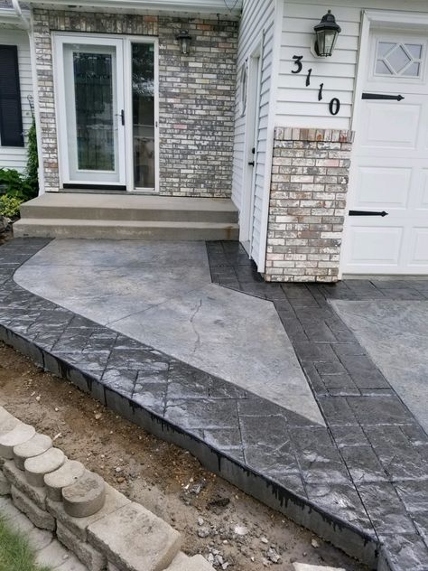 Stamped concrete driveway Curved Sidewalk, Stamped Concrete Walkway, Stamped Concrete Driveway, Concrete Patio Makeover, Concrete Walkway, Concrete Ideas, Driveway Design, Concrete Driveways, Stamped Concrete