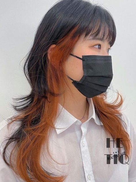 Black And Orange Peekaboo Hair, Brown And Ginger Peekaboo Hair, Colored Black Hair, Hair Colorblocking, Natural Hair Dye Ideas For Black Hair, Black Hair With Ginger Highlights, Ginger Hair With Black Highlights, Orange Highlights In Black Hair, Black Hair With Peekaboo Color