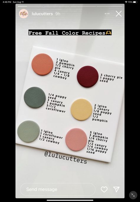 Fall Polymer Clay Color Recipes, Fall Clay Color Recipes, Fimo Recipe, Polymer Clay Color Recipes, Pallet Inspiration, Fall Polymer Clay, Clay Recipes, Polymer Clay Recipe, Clay Recipe