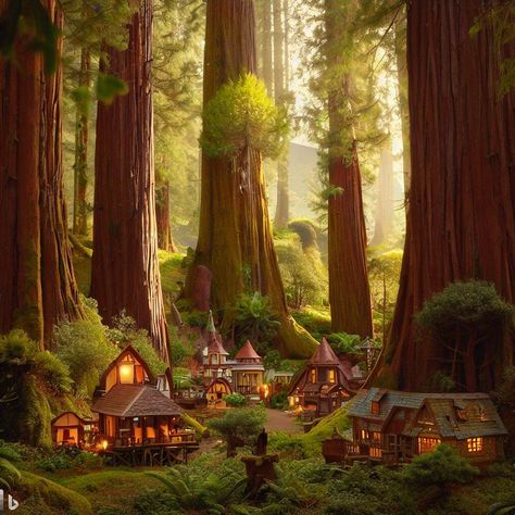 Woodland Village Fantasy Art, Wood Elf Village, Forest Village Fantasy Art, Fae Village, Village In The Woods, Fae World, Woodland Village, Fantasy Woods, Elf World