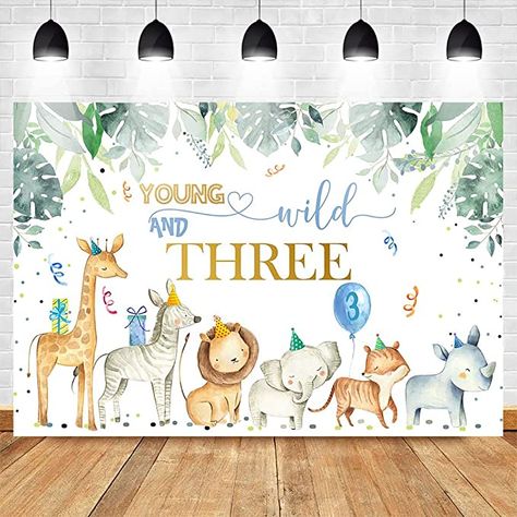 Young Wild And Three Birthday, Third Birthday Boys, 3rd Birthday Party For Boy, Jungle Birthday Party, Birthday Party Background, Zoo Birthday, Third Birthday Party, Birthday Themes For Boys, Safari Birthday Party