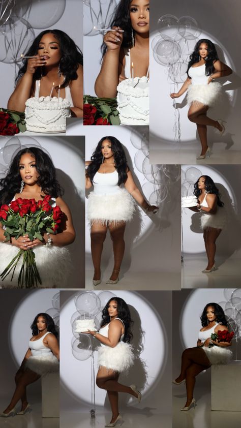 All white outfit with white feather skirt. Clear balloons, roses, vintage cake. 23rd Birthday Dress, 17th Birthday Ideas, Cute Birthday Pictures, 21st Birthday Photoshoot, Beautiful Photoshoot Ideas, Cute Birthday Outfits, Creative Photoshoot Ideas, Glam Photoshoot, 23rd Birthday