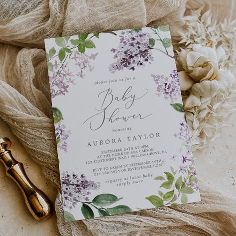 Rustic Lilac Baby Shower Invitation Lavendar Baby Shower Themes, Lavender And Green Baby Shower Ideas, Purple Floral Baby Shower Ideas, Light Purple Baby Shower Ideas, Violet Baby Shower Ideas, Lilac Baby Shower Ideas, Lavender Baby Shower Ideas, Purple Baby Shower Ideas, Karina Baby