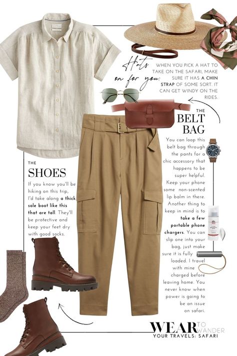 What To Pack For South Africa, Africa Travel Outfit, Explorer Aesthetic Outfit, Adventure Academia, Wear To Wander, Explorer Outfit, Safari Outfit Women, Banana Republic Outfits, Africa Safari Clothes