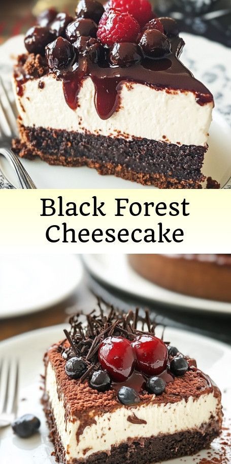 Black Forest Cheesecake Indulge in the perfect combination of classic Black Forest flavors and creamy cheesecake with this decadent dessert. Layers of rich chocolate, sweet cherries, and smooth cream cheese come together to create a dessert that’s both elegant and delicious. #BlackForestCheesecake #CheesecakeRecipe #DessertDelight #ChocolateCherryCream #DecadentDessert #HomemadeTreats #DeliciousIndulgence #BakeWithLove #EasyRecipe #GourmetDesserts Cheesecake Delight, Black Forest Cheesecake, Cheesecake Lovers, Sweet Treats Desserts, Elegant Desserts, Cherry Cheesecake, Gourmet Desserts, Gourmet Treats, Chocolate Delight