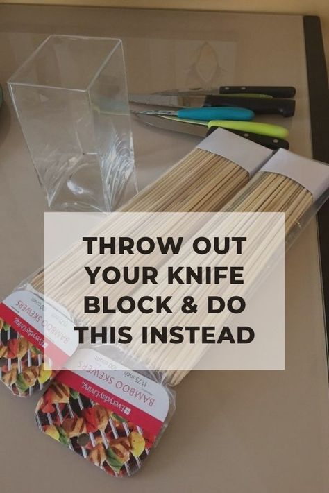 Looking for a cute way to store your kitchen knives on the countertop? This bugdet friendly and simple idea will have your kitchen knives stored glamourously in no time! #diy #knives #storae #knifestorage #diystorage #diyhomedecor #diy Storing Knives In Kitchen, Diy Knife Storage, Kitchen Knife Storage Ideas, Countertop Storage Kitchen, Diy Rustic Kitchen, Organizing Things, Kitchen Knife Storage, Unusual Lighting, Knife Skills