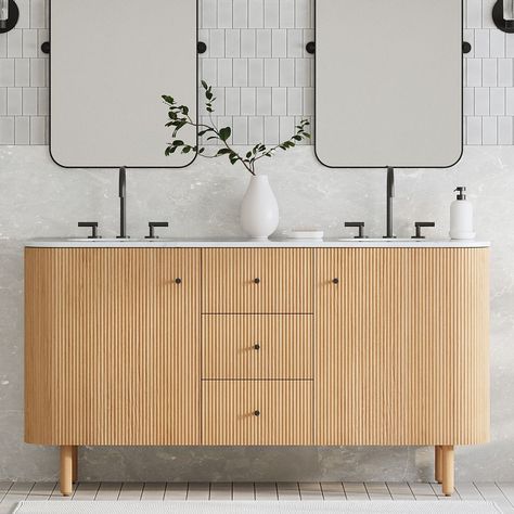 Ellington Double Bathroom Vanity (63"–72") Modern White Oak Vanity, Organic Modern Bathroom Lighting, West Elm Vanity, Natural Wood Double Vanity, White Oak Double Vanity, Modern Bathroom Vanity Ideas, Oak Vanity Bathroom, Adams Project, Parents Bathroom