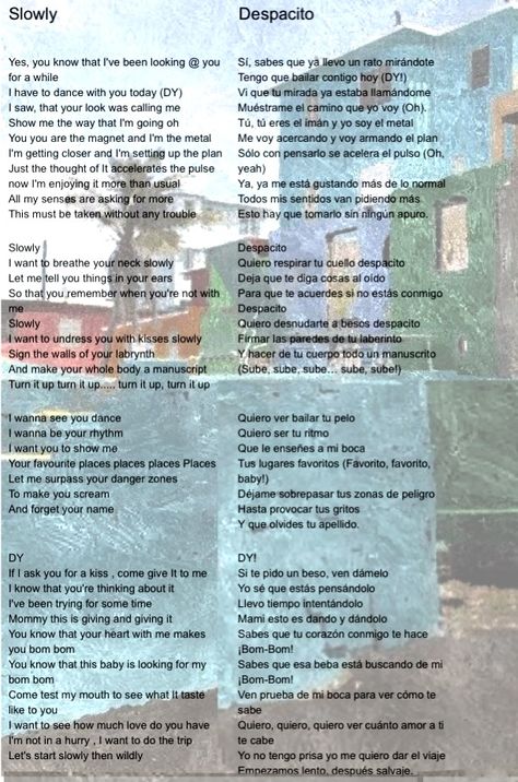 Luis Fonsi and Daddy Yankee's DESPACITO lyrics with English translation in a total of 2 pages (first page.) Despacito Lyrics, Deep Rap Songs, Spanish Lyrics, Song Lyric Posters, Spanish Songs, Spanish Activities, Show Me The Way, Lyric Poster, Rap Songs