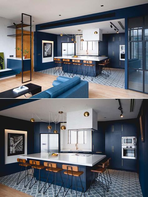 Going for Blue..so trendy for 2016 Grey Couch Ideas, Blue Kitchen Interior, Dark Blue Kitchens, Blue Kitchen Designs, Furniture Colour, Couch Ideas, Contemporary Stairs, Grey Couch, Kitchen Contemporary