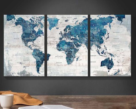 PRICES MAY VARY. DECORATIVE MAP - Professionally printed works of art on quality canvas. Each panel is 28" by 42", set of 3, the overall size is 84" x 42". EASY TO MATCH - Excellent decoration for the office, home office, living room, bedroom, apartment, kitchen or dining room. THE BEST GIFT - Looking for a holiday gift? Try gifting wall art for Christmas, Valentine's Day, Mother's Day etc. OFFICE WALL ART - All ink is fade-resistant, ensuring artwork that lasts. NOTE - Due to monitor display is Women’s Office Decor, Blue Office Design, Blue And White Office, Update Bedroom, Nursing Aesthetic, Pictures For Bedroom, Large Gallery Wall, Capstone Project, Office Artwork