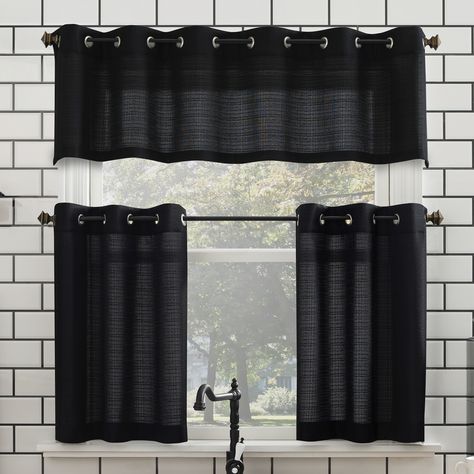 Black And White Small Kitchen, Kitchen Window Ideas Curtains, Goth Kitchen Ideas, Gothic Kitchen Ideas, Black And White Valance, Goth Kitchen, Gothic Kitchen, Camper Diy, Curtains Kitchen